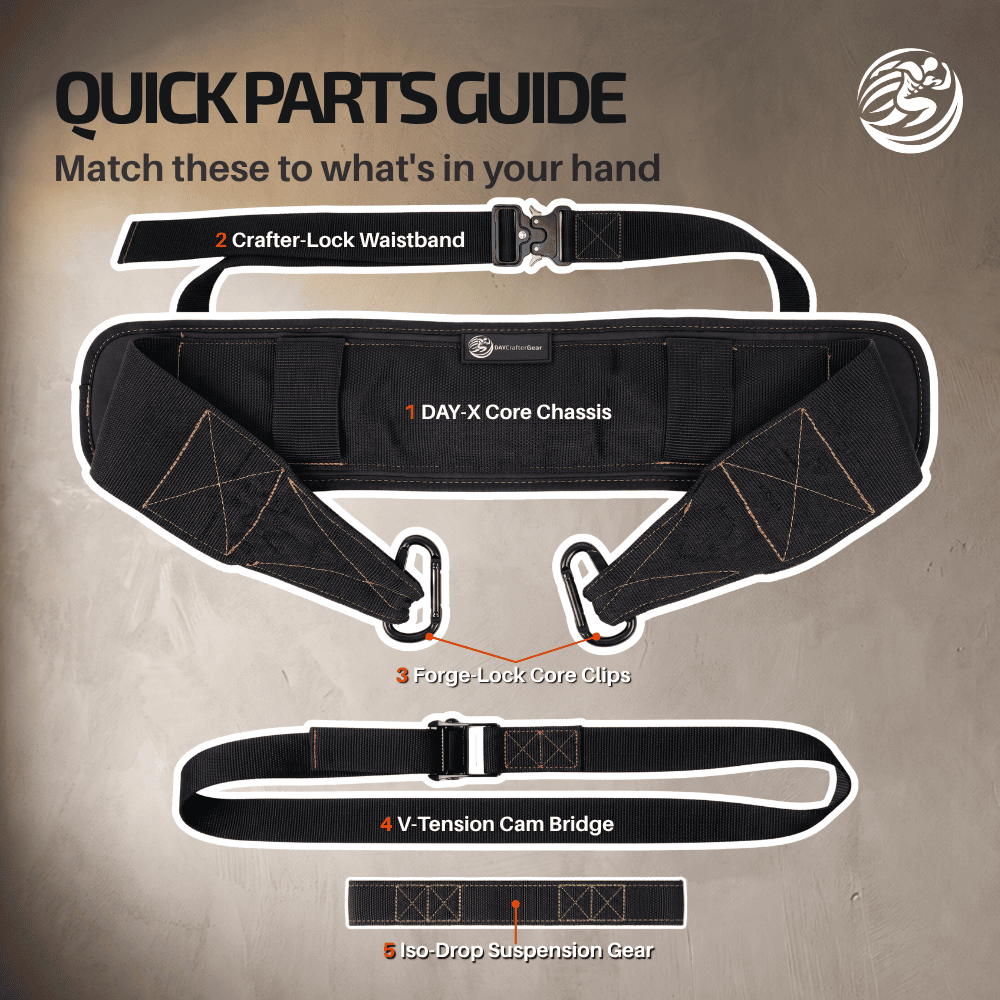 DAY-X Quick Parts Guide: 1 DAY-X Core Chassis, 2 Crafter-Lock Waistband, 3 Forge-Lock Core Clips, 4 V-Tension Cam Bridge, 5 Iso-Drop Suspension Gear