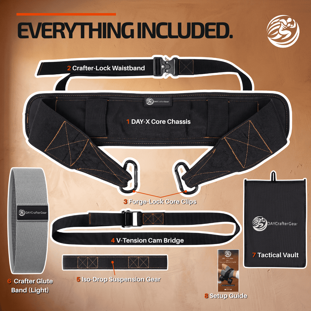 DAY-X hip thrust belt kit components: Core Chassis, Crafter-Lock Waistband, Forge-Lock Core Clips, V-Tension Cam Bridge, Iso-Drop Suspension Gear, Crafter Glute Band, Tactical Vault