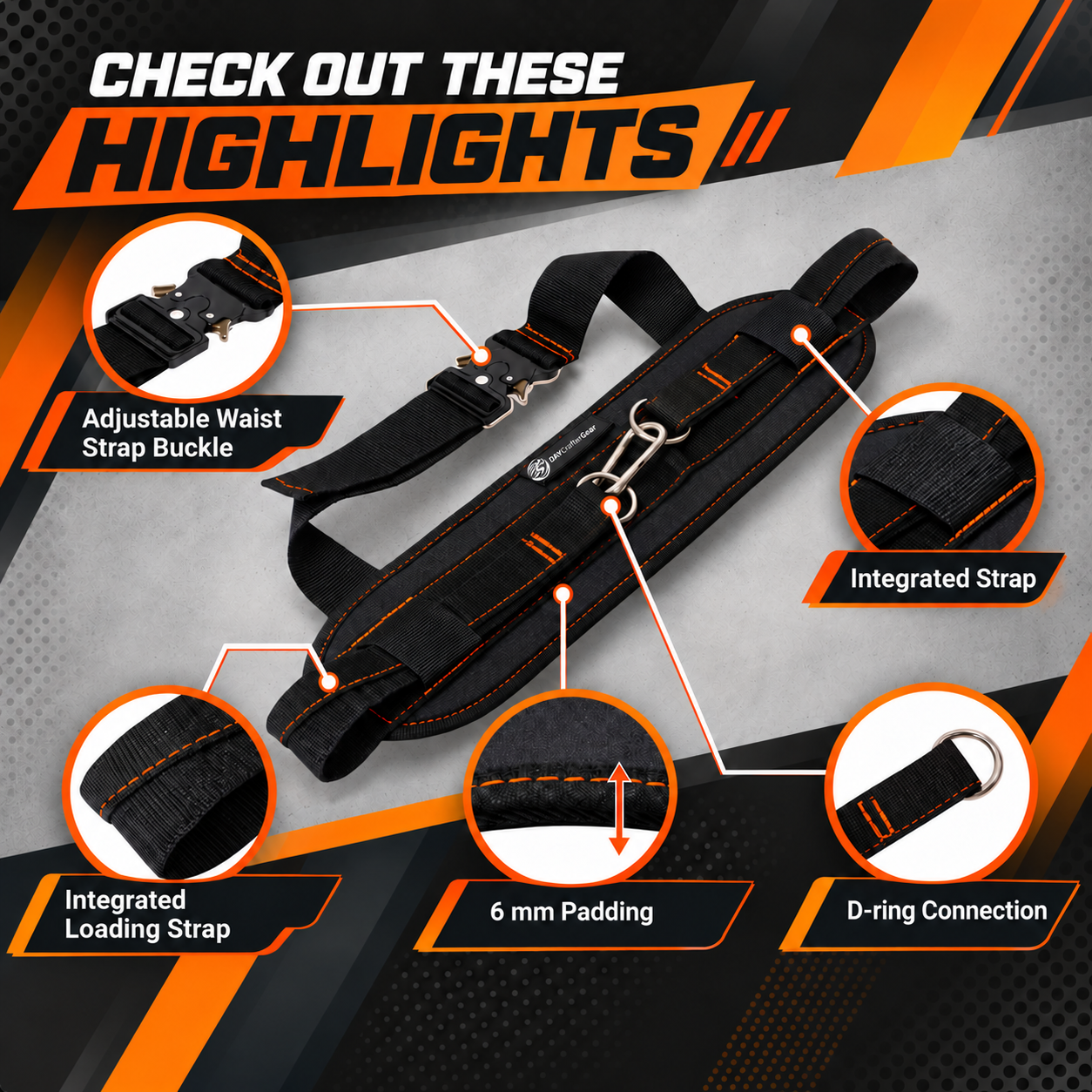 HTB V1 components showing the buckle, straps, padding and D-rings
