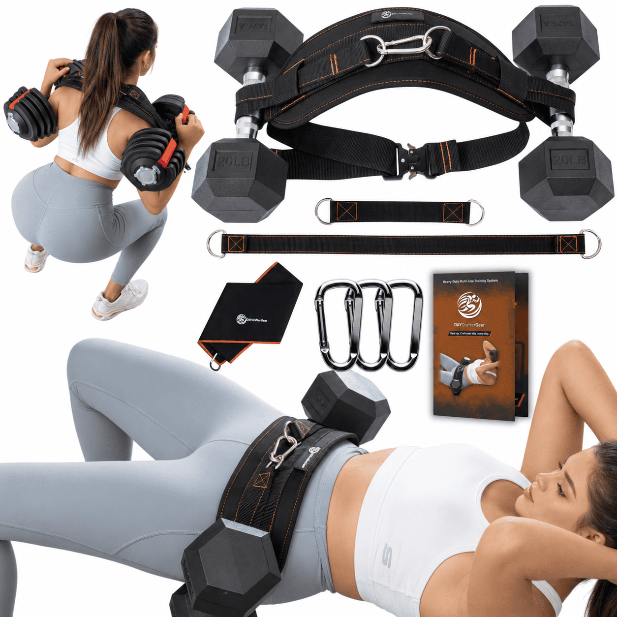 HTB V1 Classic Hip Thrust Belt with its components and exercise examples