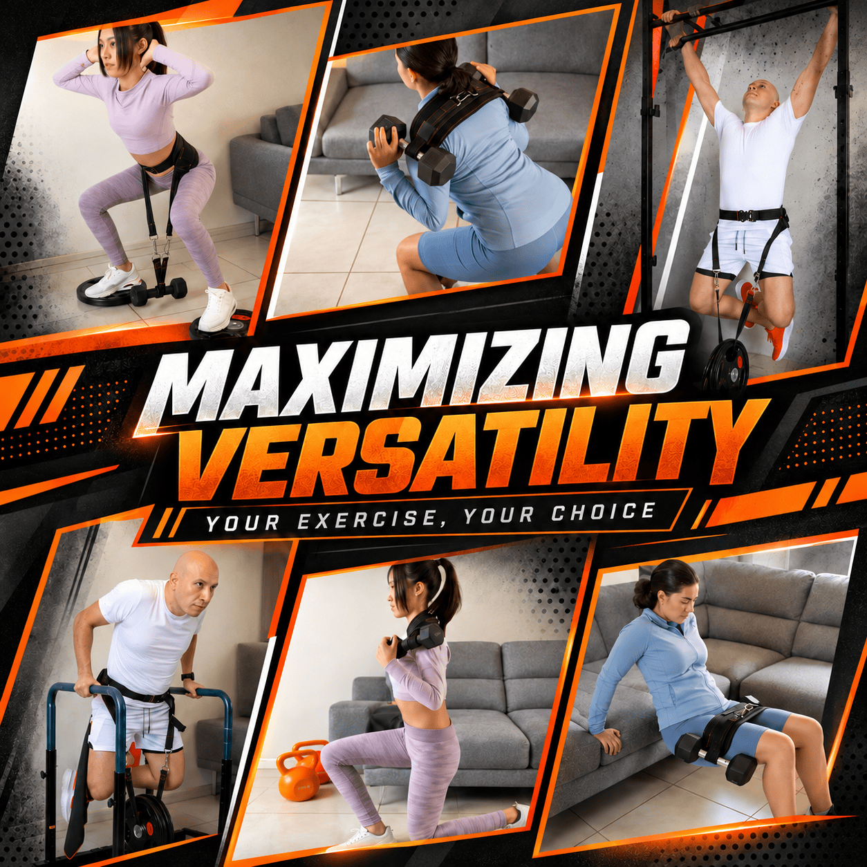 HTB V1 exercise examples including belt squats, squats, lunges, hip thrusts, weighted dips and pull-ups