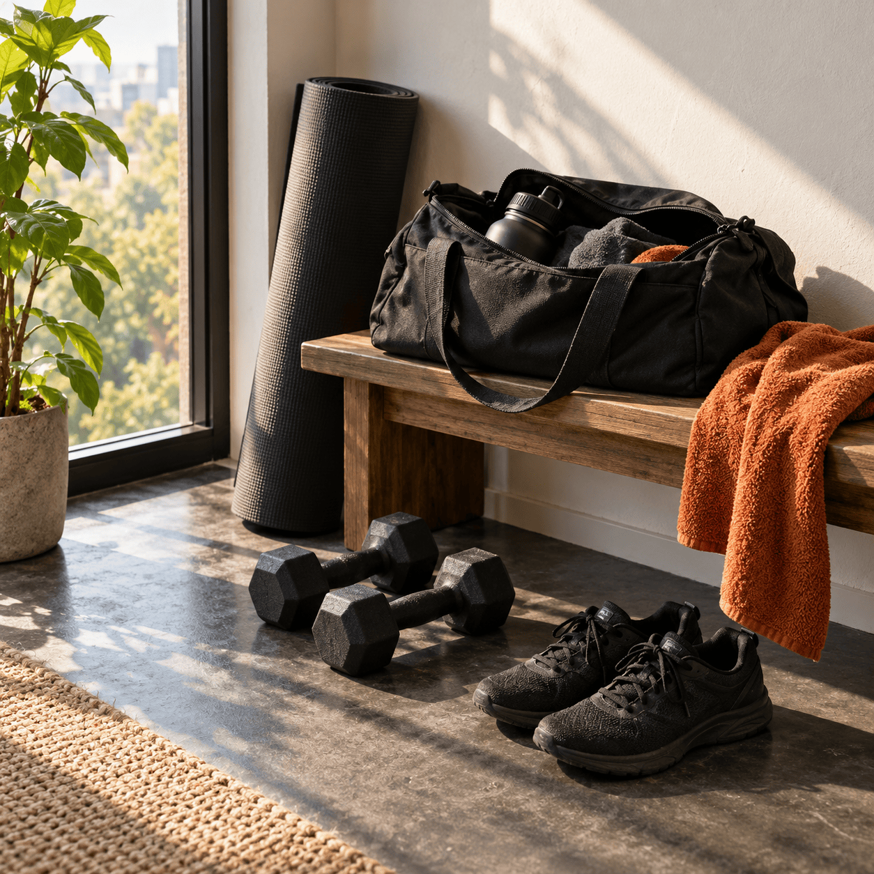 Training bag, mat, dumbbells and shoes ready for everyday movement in a sunlit home training corner